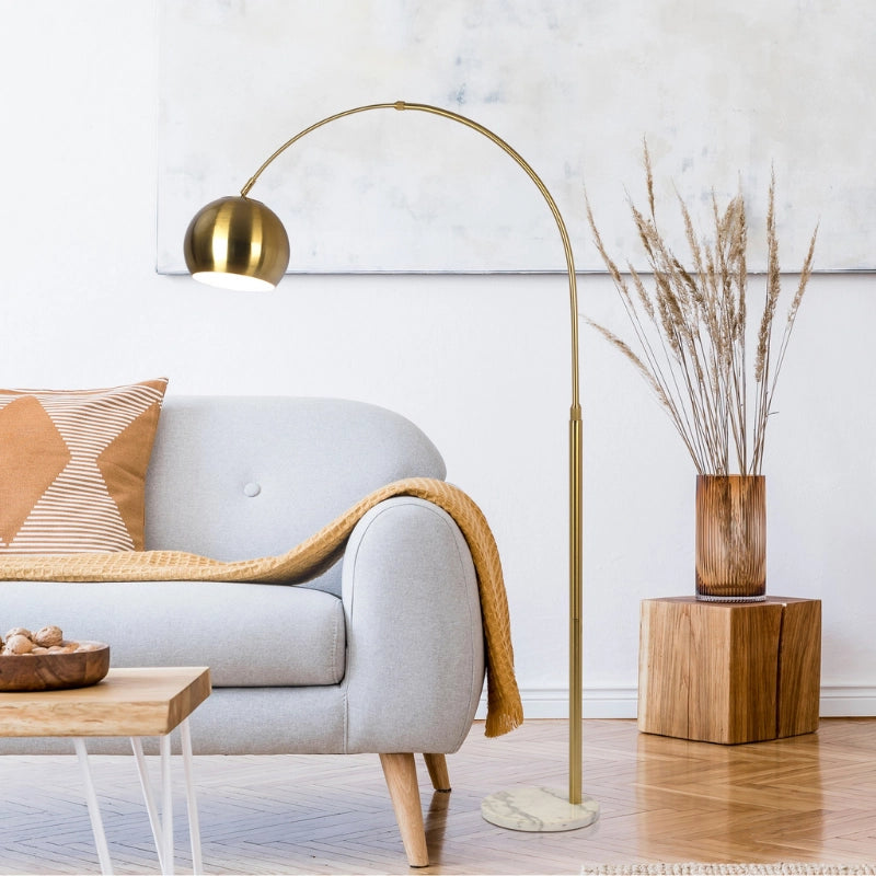 Modern Arched Floor Lamp with Marble Base in Gold Brass – CharmyDecor