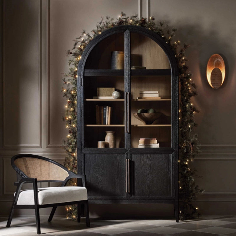 Black Solid Wood Arched Cabinet with Glass Doors & Shelves – CharmyDecor