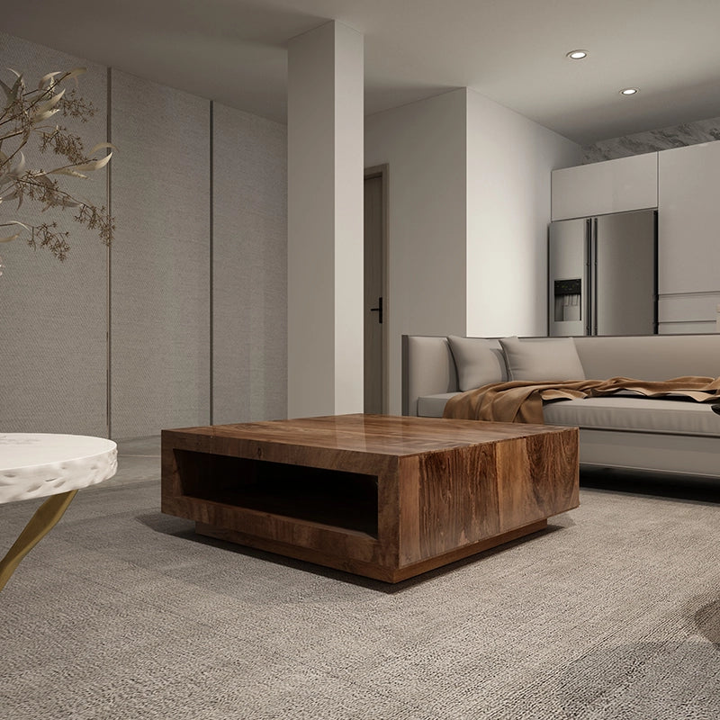 Sleek Square Wood Coffee Table with Open Shelf Design – CharmyDecor