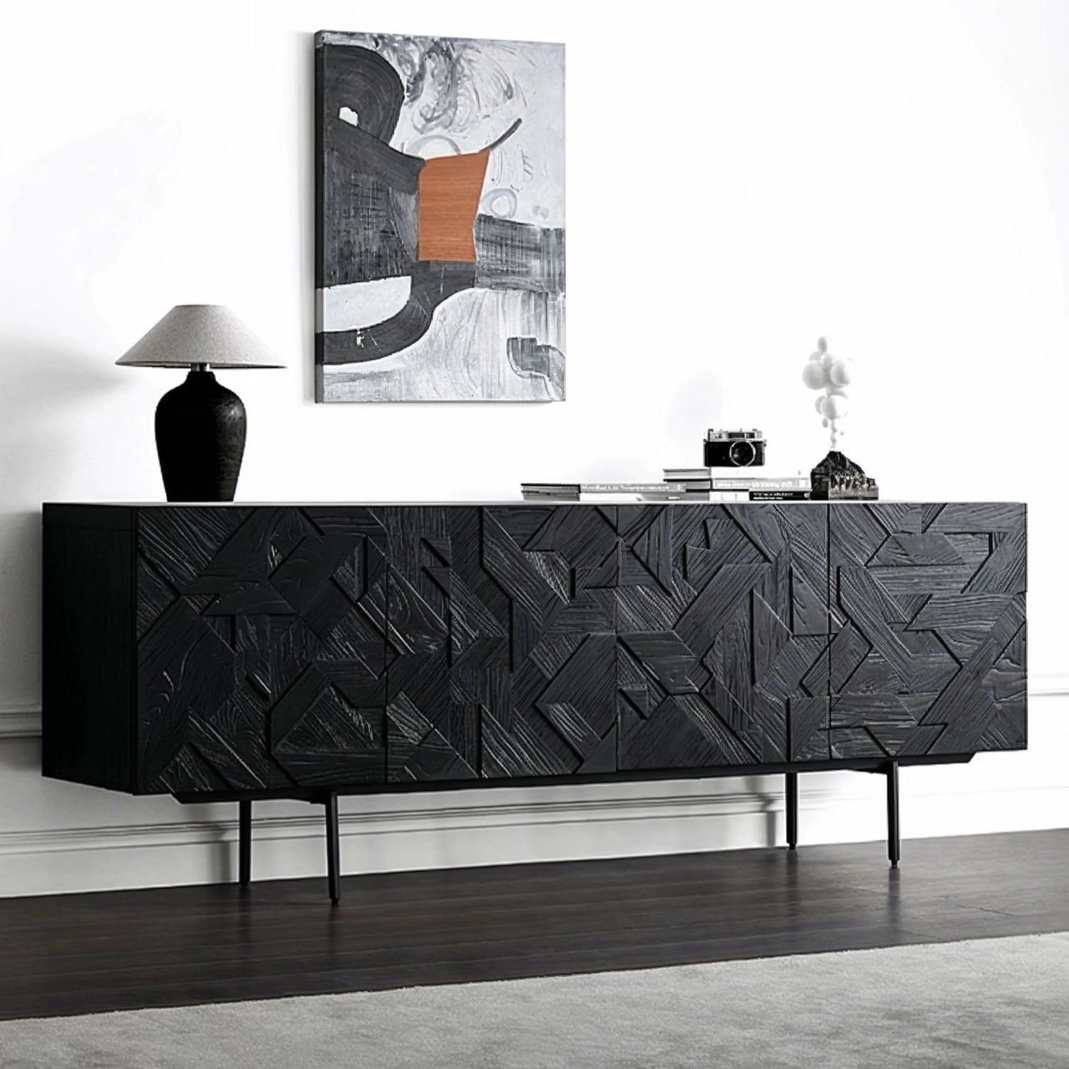 Modern Black Sideboard with Carved Teak Doors – 88" Storage Cabinet wi ...