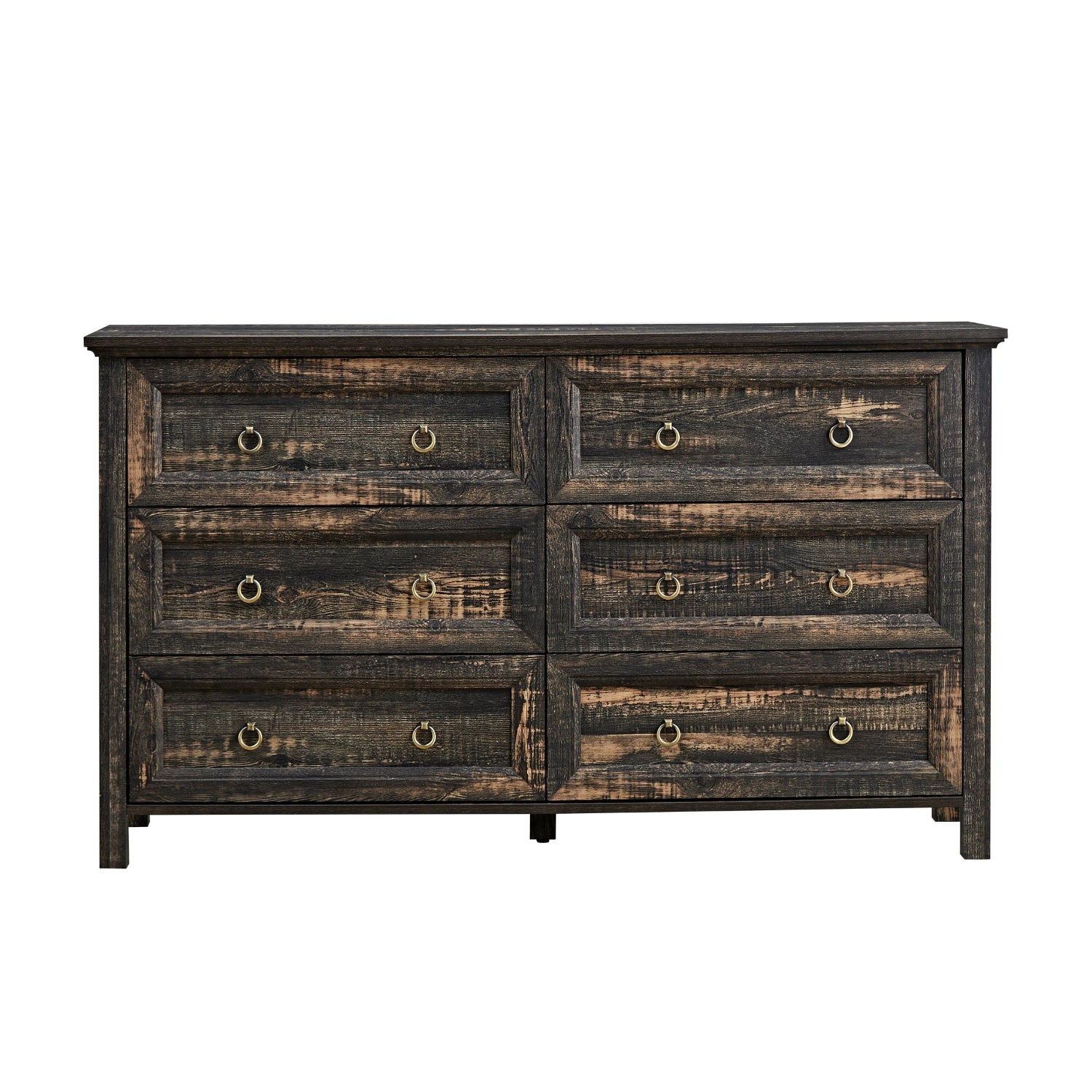 Rustic Farmhouse 6-Drawer Dresser, Dark Oak Chest with Antique Brass R – CharmyDecor