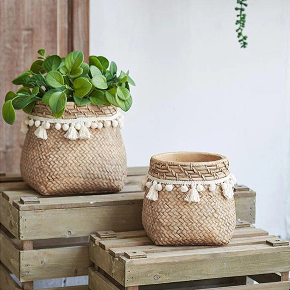 woven cement planter Set of 2 6.5x6.5x6" Brown Cement Planter with Woven Tassel Accent Dakota Fields