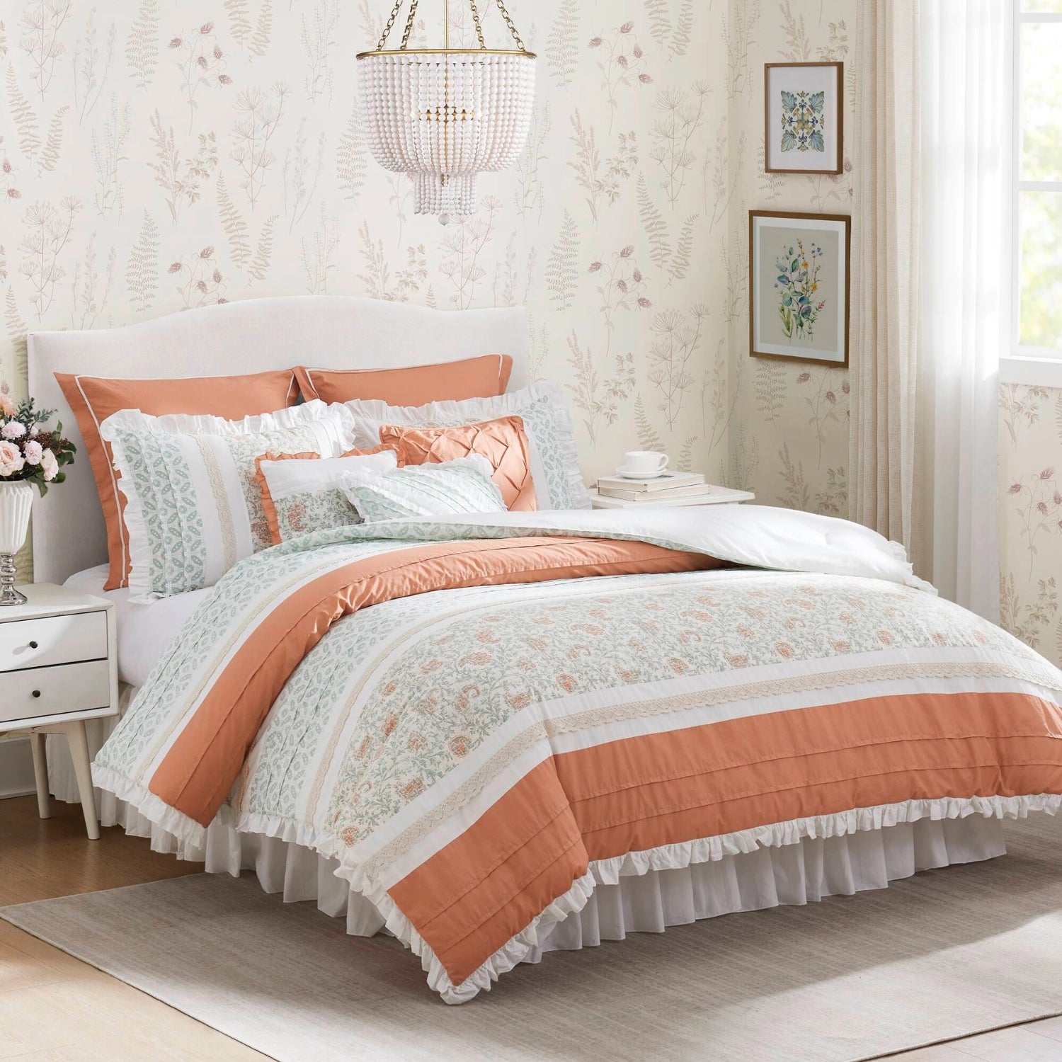Shabby Chic Coral White 9-Piece Cotton Comforter Set with