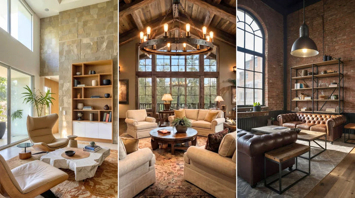 Banner showcasing contemporary, rustic modern, and industrial living rooms for an article about 25 interior design styles.