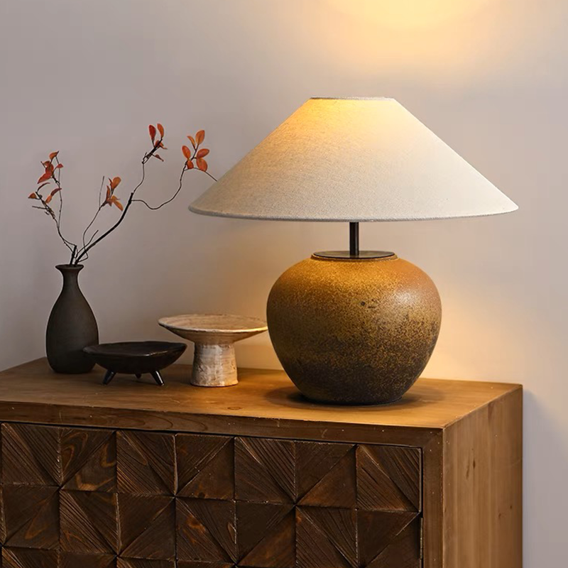 Handmade Japanese Pottery Lamp with Fabric Shade - Luxury – CharmyDecor