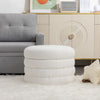 24.41" Ivory Boucle Round Storage Ottoman - Footstool With Wooden Shelving
