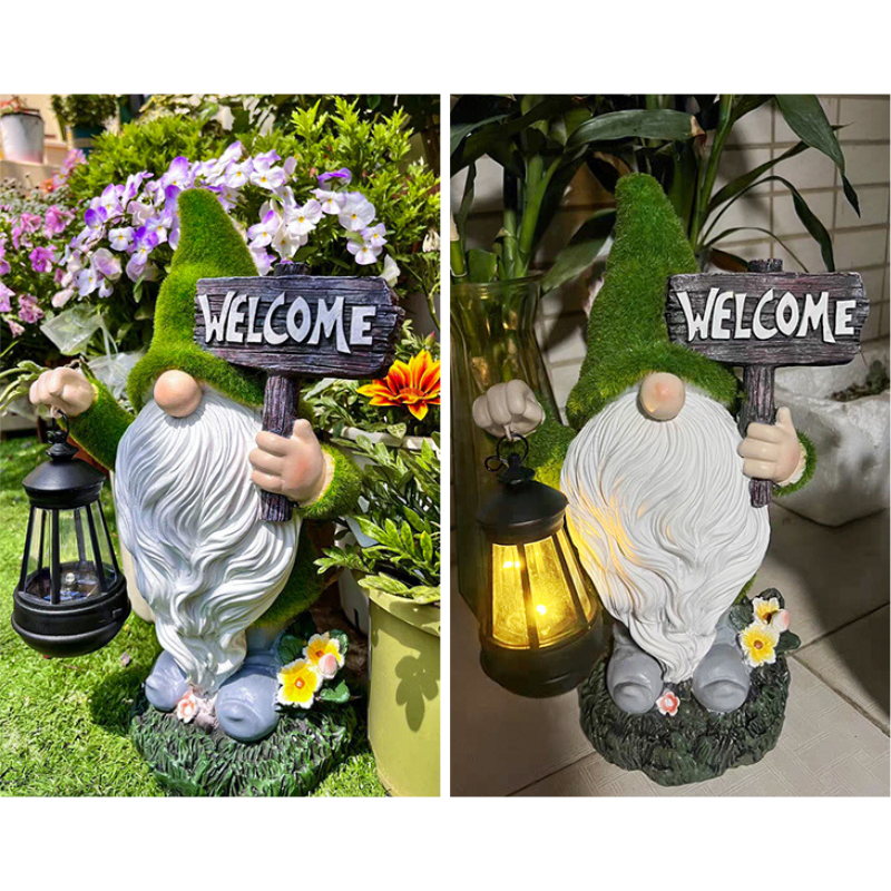 Solar Garden Gnome Statue With LED Lights - Outdoor Decor With Torch Holder