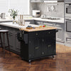 Black Small Kitchen Island on Wheels with Rubberwood Top, Spice Rack, Towel Rack & Drawers