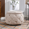 17.7" Beige Round Woven Storage Ottoman with Large Tufted Button