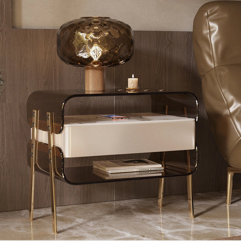 Modern Acrylic Nightstand with Drawer, Open Shelves & Stainless Steel Legs
