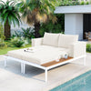 2-in-1 Modern Beige Outdoor Patio Metal Daybed with Wood Topped Side Space, Washable Cushions and Pillows