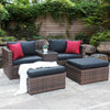 Outdoor 5-Pieces Brown Wicker Patio Conversation Sofa Set with Black Cushions & Red Pillows