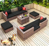 10-Pieces Brown Wicker Patio Sectional Conversation Sofa Set with Black Cushions & Red Pillows