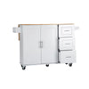 54" White Kitchen Cart with Extendable Rubber Wood Table, Spice Rack & Towel Rack on Wheels