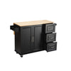 54" Black Kitchen Cart on Wheel with Extensible Rubber Wood Table, 3 Big Drawers & Towel Rack