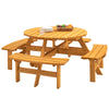 70 Inch Round Fir Wood Picnic Table with 4 Built-in Benches & Umbrella Hole in Natural Finish