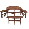 67 Inch Round Fir Wood Picnic Table with 3 Built-in Benches & Umbrella Hole in Brown Finish