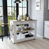 46 Inch White Wood Kitchen Island with 2 Drawers, 2 Open Shelves, Towel Rack & Light Oak Finish