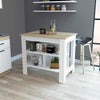 40 Inch White Wood Kitchen Island with Three Shelves & Light Oak Tabletop Finish