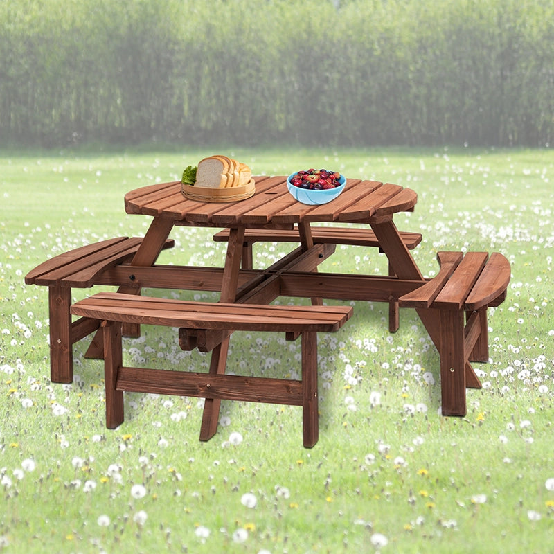 Round Wooden Wood Picnic Table With Umbrella Hole Costway 6-person