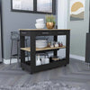 46 Inch Black Wood Kitchen Island with 2 Drawers, 2 Open Shelves, 6 Wheels & Light Oak Finish