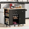 40" Black Kitchen Cart with Power Outlet, Adjustable Storage, 5 Wheels, Wine Rack & Rubber Wood Top
