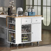 40" White Kitchen Cart with Adjustable Storage, 5 Wheels, Power Outlet, Wine Rack & Rubber Wood Top