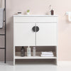 30" Modern White Freestanding Bathroom Vanity with White Ceramic Sink, 2 Cabinet Doors & Open Shelf