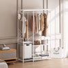 Freestanding Metal Clothing Rack with Shelves, Hooks & Bottom Mesh Storage Rack in White Finish