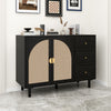 44.5" Black Rattan Pine Wood 2-Door 3-Drawer Cabinet with Semi Circle Metal Handle