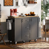 Black Small Kitchen Island with 2 Slide-Out Shelf, Internal Storage Rack & Rubber Wood Top on Wheels