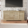 68 Inch Beige Wood Tv Stand with Shutter Slat Doors, Shelves & Antique Bronze Hardware in Alabaster Finish