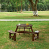 63 Inch Round Pine Wood Picnic Table with 3 Built-in Benches & Umbrella Hole in Brown Finish