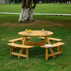 70 Inch Round Pine Wood Picnic Table with 4 Built-in Benches & Umbrella Hole in Natural Finish