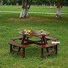 70 Inch Round Pine Wood Picnic Table with 4 Built-in Benches & Umbrella Hole in Brown Finish