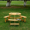 63 Inch Round Pine Wood Picnic Table with 3 Built-in Benches & Umbrella Hole in Natural Finish