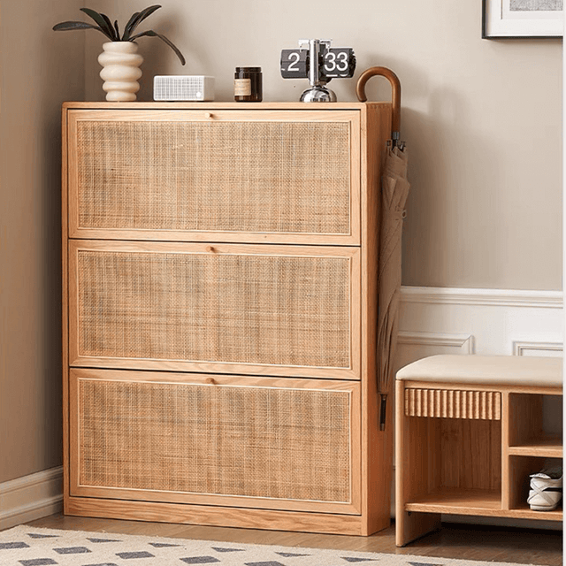 Stylish 3-Tier Rattan & Wood Shoe Rack for Home – CharmyDecor