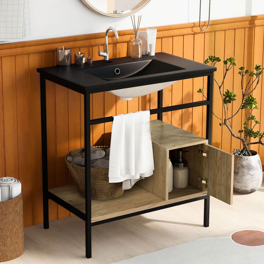 30 Metal Frame Single-sink Bathroom Vanity Storage with Open-shelves