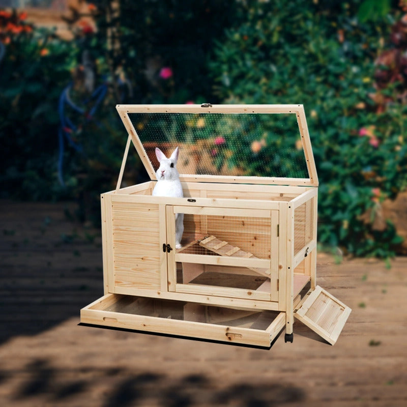35-inch Wooden Rabbit Cage: 2-Story with Ramp & Wheels – CharmyDecor