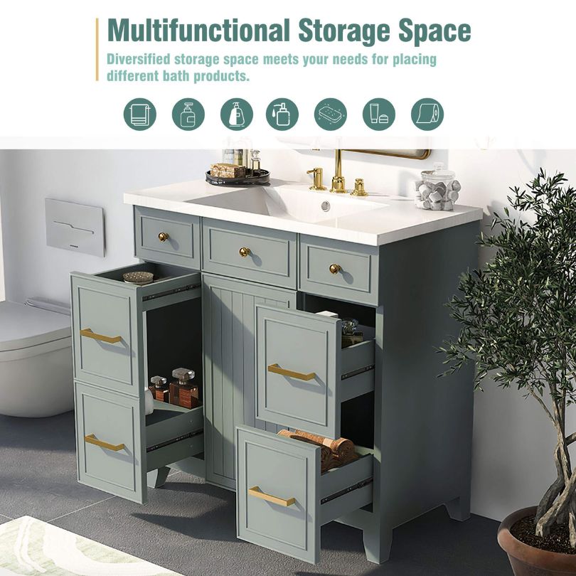 36" Green Wooden Bathroom Cabinet with Single Sink and Soft Closing Do ...