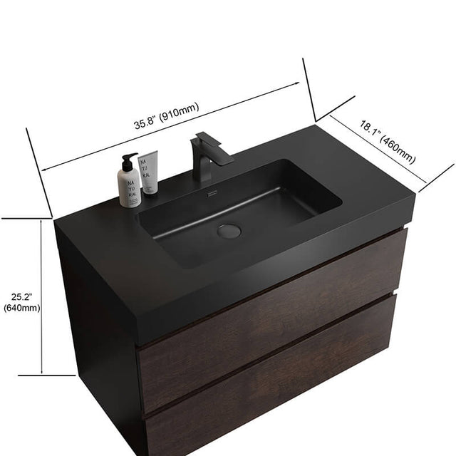 36-Inch Walnut Floating Vanity with Black Sink & Drawers – CharmyDecor