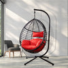 37" Rattan Hanging Swing Egg Chair with Steel Stand and Red Seat Cushion