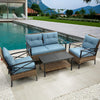 4-Piece Patio Low Dining Conversation Set with Blue Rattan Wicker Sofas & Steel Table