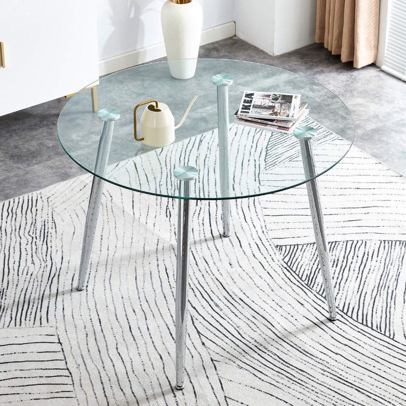 40-Inch Round Glass Dining Table with Silver Metal Legs – CharmyDecor