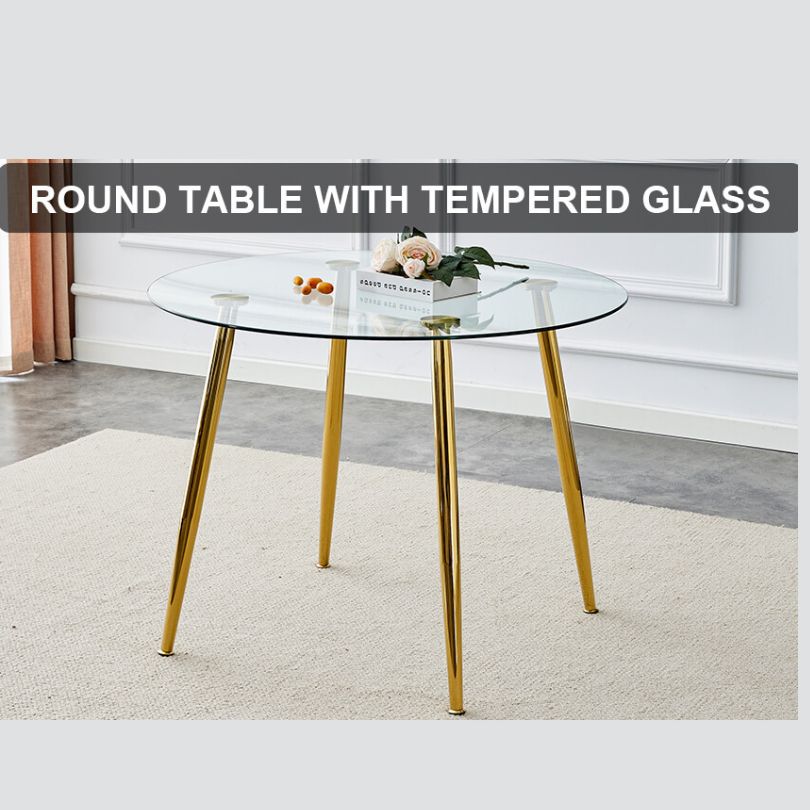 40-Inch Circular Glass Dining Table with Gold Metal Legs – CharmyDecor
