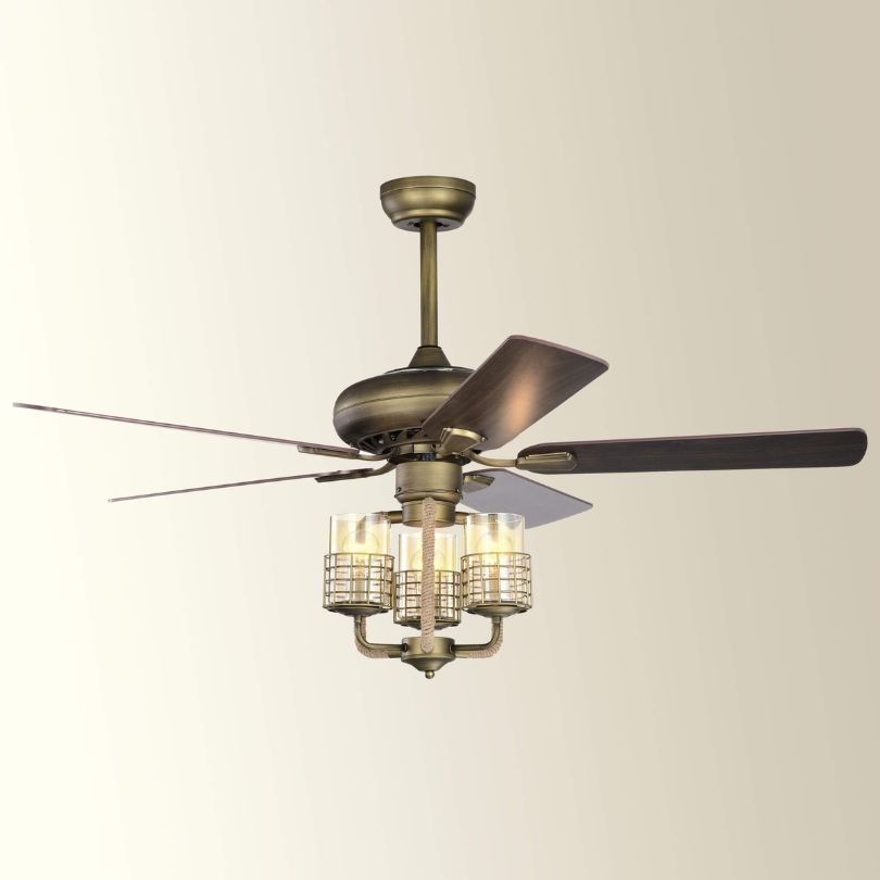 52 Bronze Metal 3 Lights Ceiling Fan with 5 Wood Blades