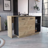 59 Inch Modern Extendable Kitchen Island with 2 Doors, 5 Shelves in Black & Light Oak Finish