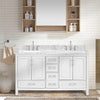 60'' White Freestanding Bathroom Vanity with Double Sinks, Carrara Natural Marble Top, and 5 Drawers