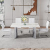 63" Modern White Faux Marble Glass Dining Table Set with 4 White Upholstered Chairs