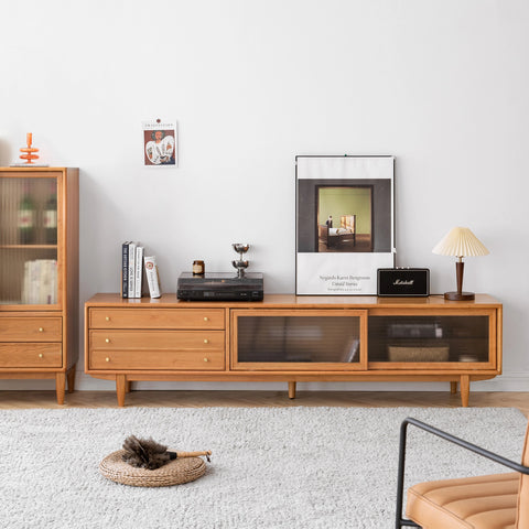 70 Inch Cherry Wood Tv Stand with Glass Sliding Doors and 2 Drawers